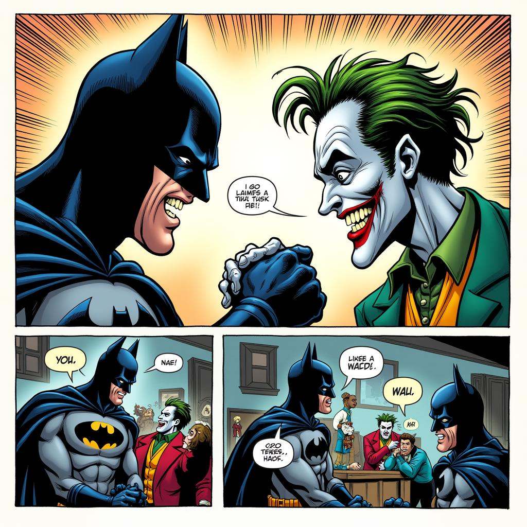comic book art of A comic strip style of batman vs joker in sequence of cartoons,  arranged in interrelated panels ,  comi...