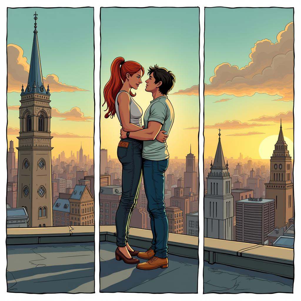 comic book art of A comic strip style of milf woman flirting with young man on rooftop,  arranged in interrelated panels ,...