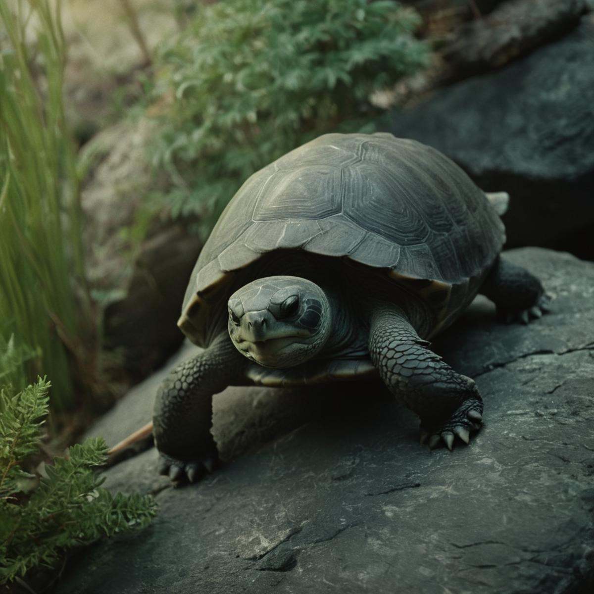 cinematic film still of a turtle walking on a rock next to a plant in a dutch angle style rotated view style canted angle,...