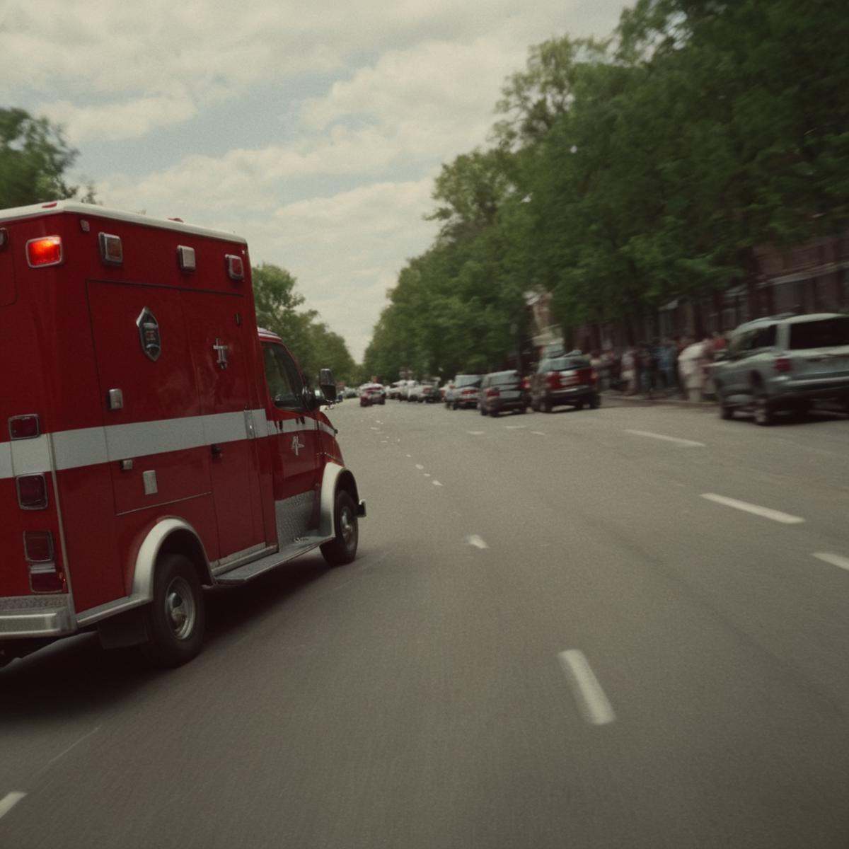 cinematic film still of rotated camera angle view style:1.5a red ambulance is driving down the street,  solo,  looking at...