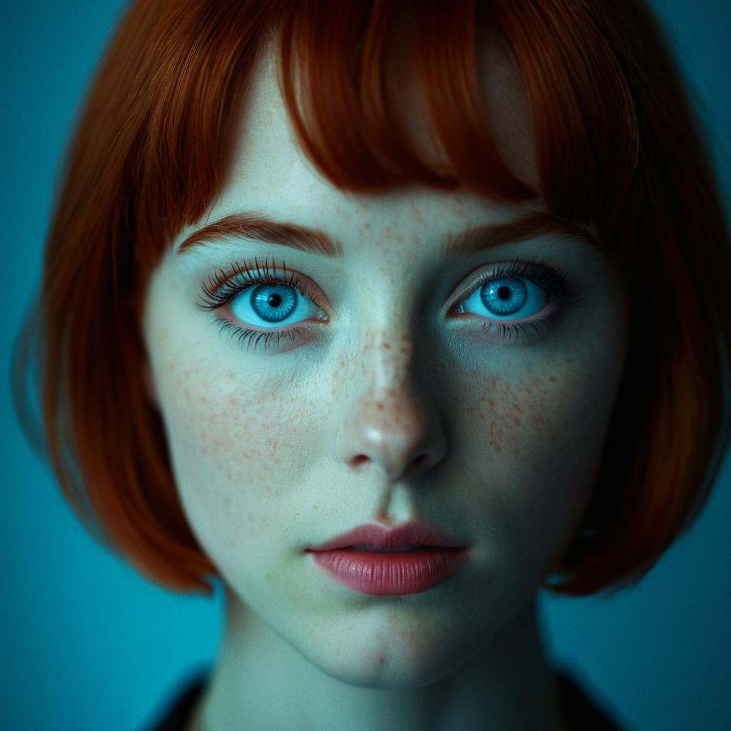cinematic film still of A cinematic film scene with Fluorescent light of a woman with a red hair and blue eyes,  Hollywood...