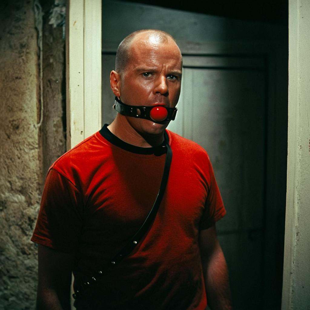 Butch Coolidge a sweaty man with a red shirt and a black collar Bondage Gags red ball staring in anger at camera in a dark...
