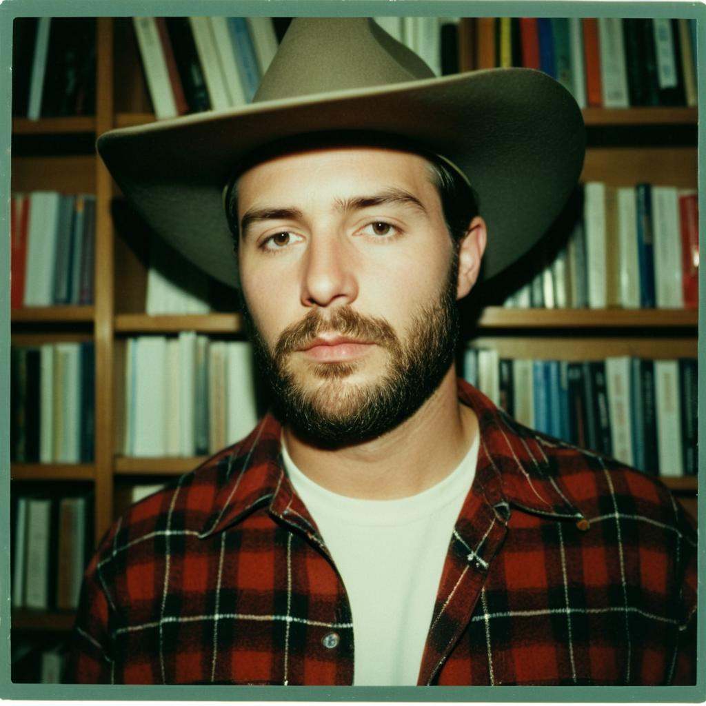 analog film photo of A cinematic Polaroid photography of a man wearing a hat and a plaid shirt,  film still,  sharp on Ten...