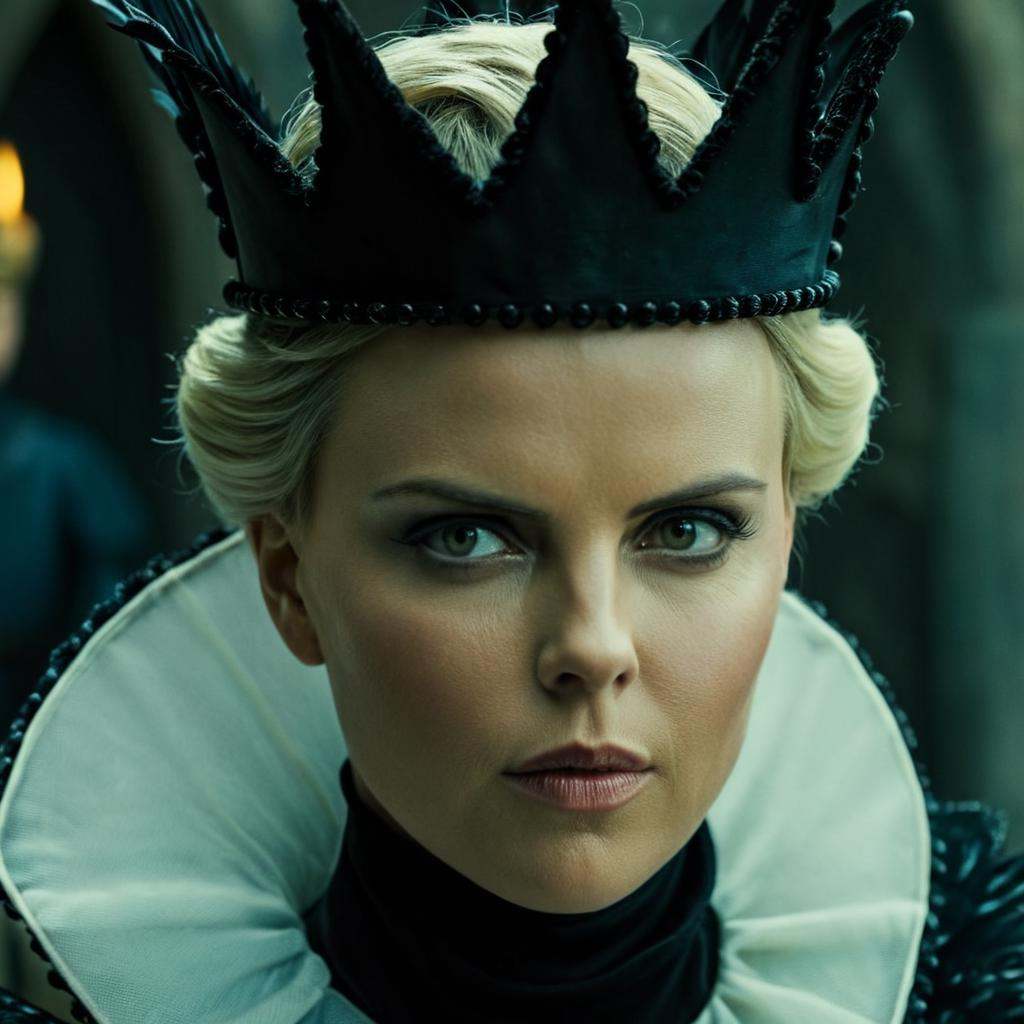 cinematic film still of Evil Queen a closeup of charlize theron a blonde woman with a short blonde hair looking evil to th...