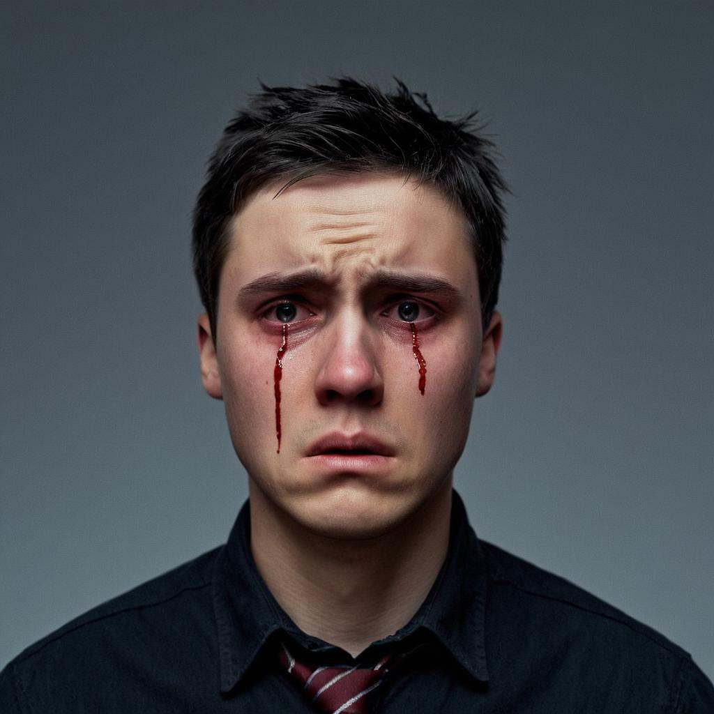 cinematic film still of A cinematic Kodak Fujifilm picture of a teary crying surprised Florya Gaishun young depressed man...