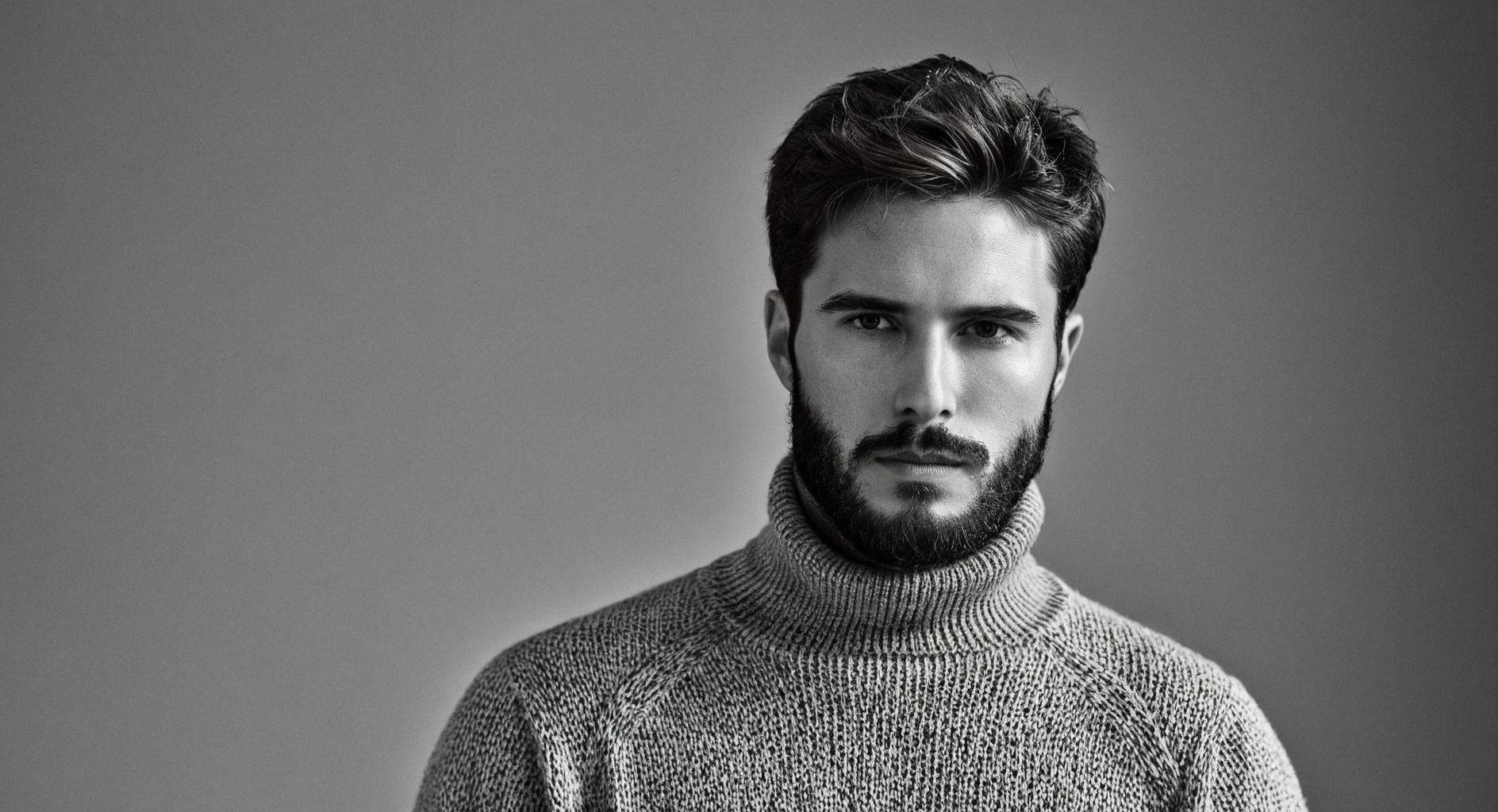 In duke_herstal_photography_style a man with a beard and a black shirt,  sharp edges,  low key light on Tensor.Art