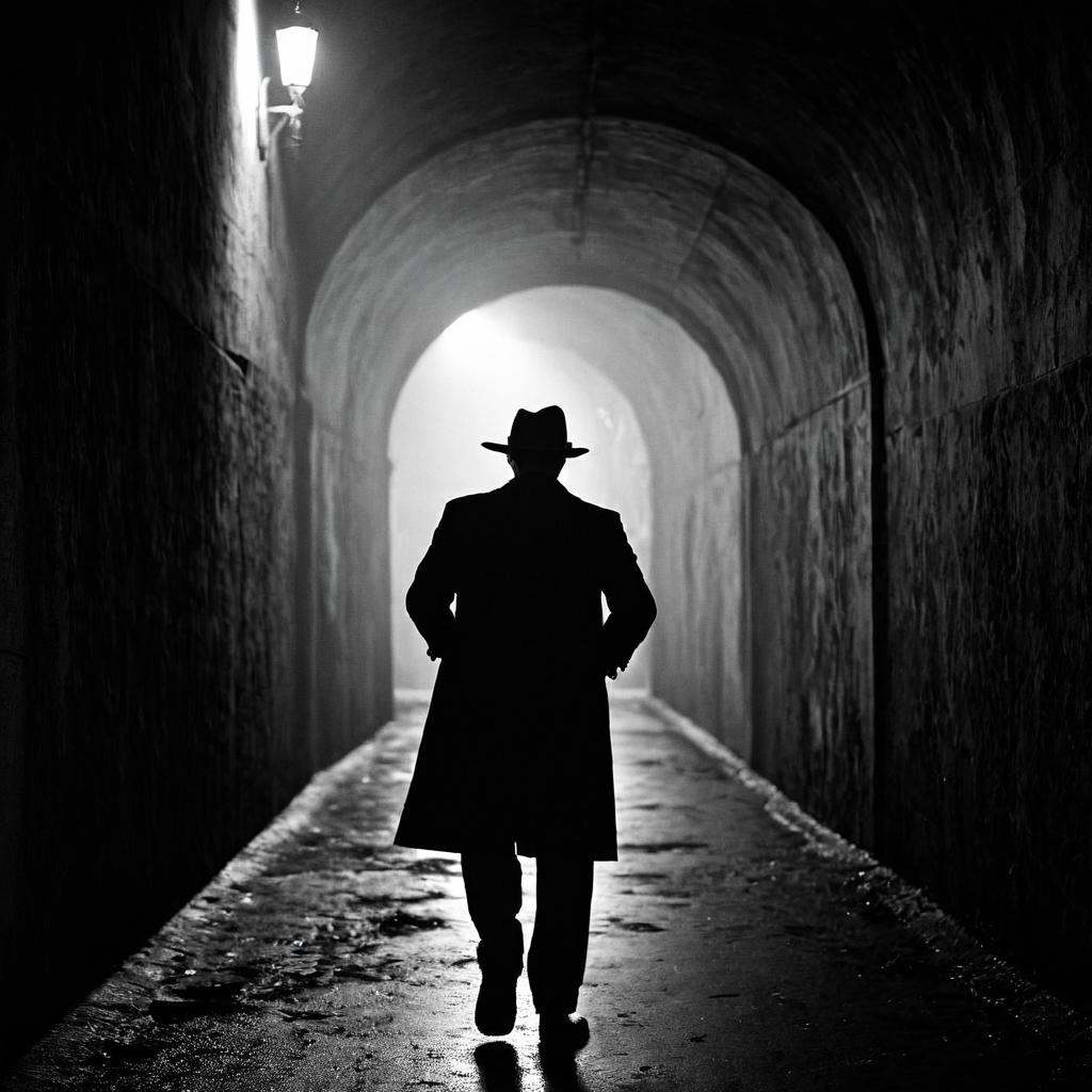 cinematic film still of In 1940's Los Angeles A classic film noir image of a man in a hat and coat walking through a tunne...