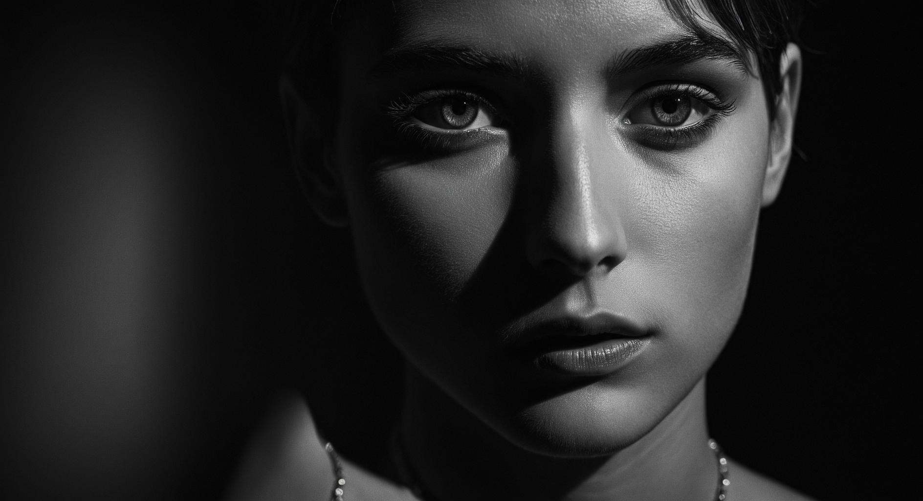 HDR photo of In Rembrandt Lighting style a woman with a very big eye and a necklace,  partially covered in shadows,  Rembr...