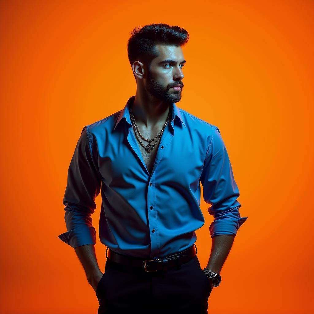 contrast:1In duke_herstal_photography_style a man in a blue shirt and black pants,  sharp edges,  sharp image on Tensor.Art