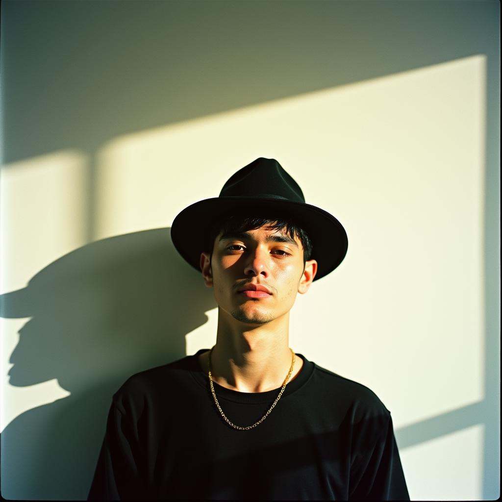 analog film photo of contrast:1In duke_herstal_photography_style a man standing in front of a white wall with a window sha...