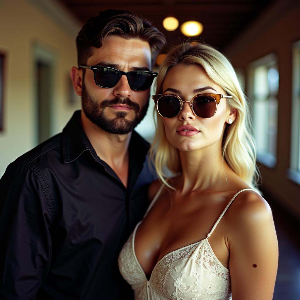 analog film photo of contrast:1Allen Henson In duke_herstal_photography_style a man and a woman wearing sunglasses pose fo...