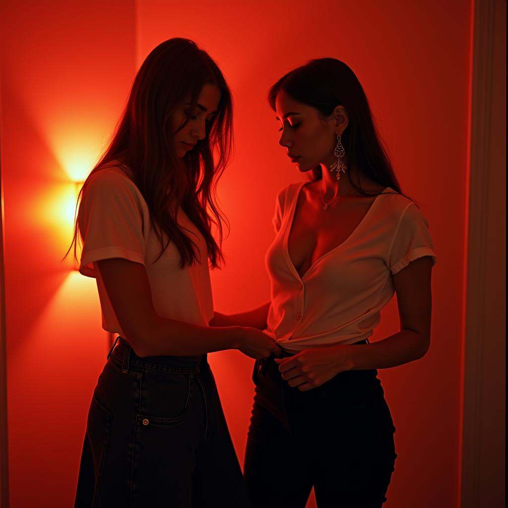 analog film photo of contrast:1In duke_herstal_photography_style two women in a room with red light,  sharp edges,  sharp...