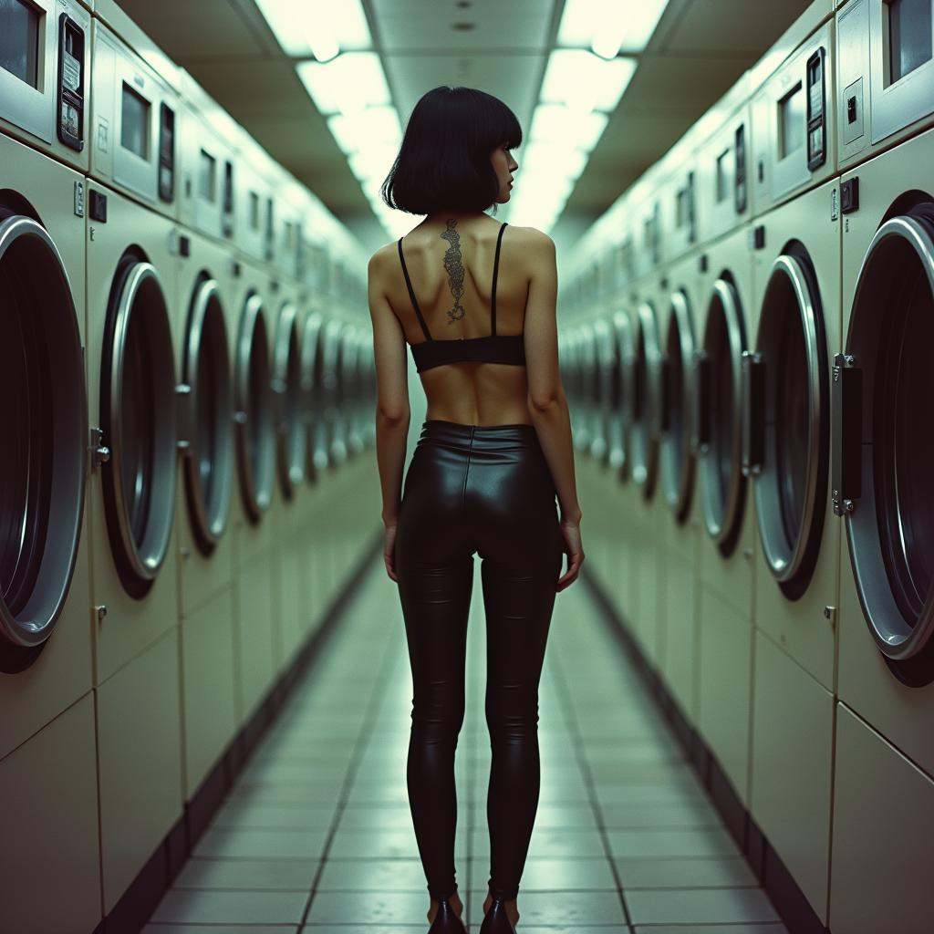 analog film photo of contrast:1In duke_herstal_photography_style a woman standing in front of a row of washing machines,...