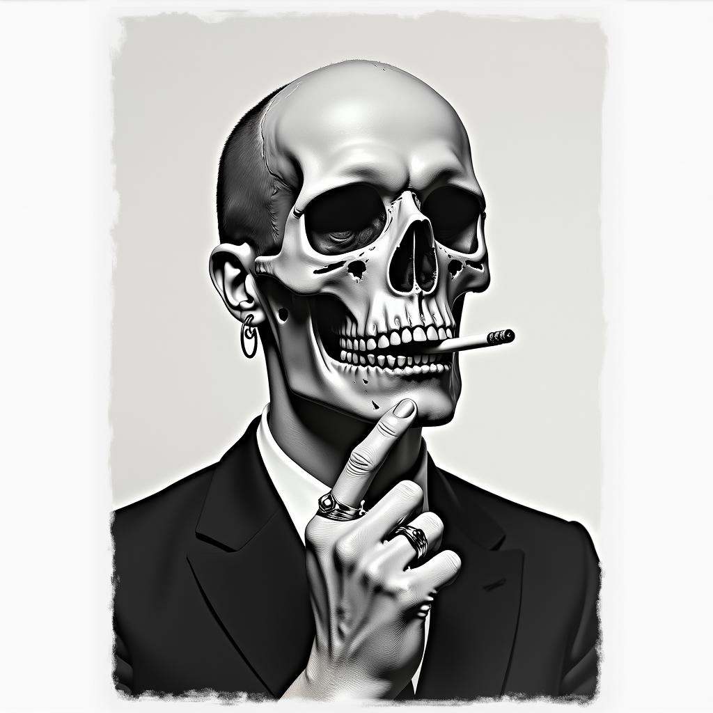 analog film photo of contrast:1In duke_herstal_photography_style a drawing of a man with a skull paint smoking,  sharp edg...