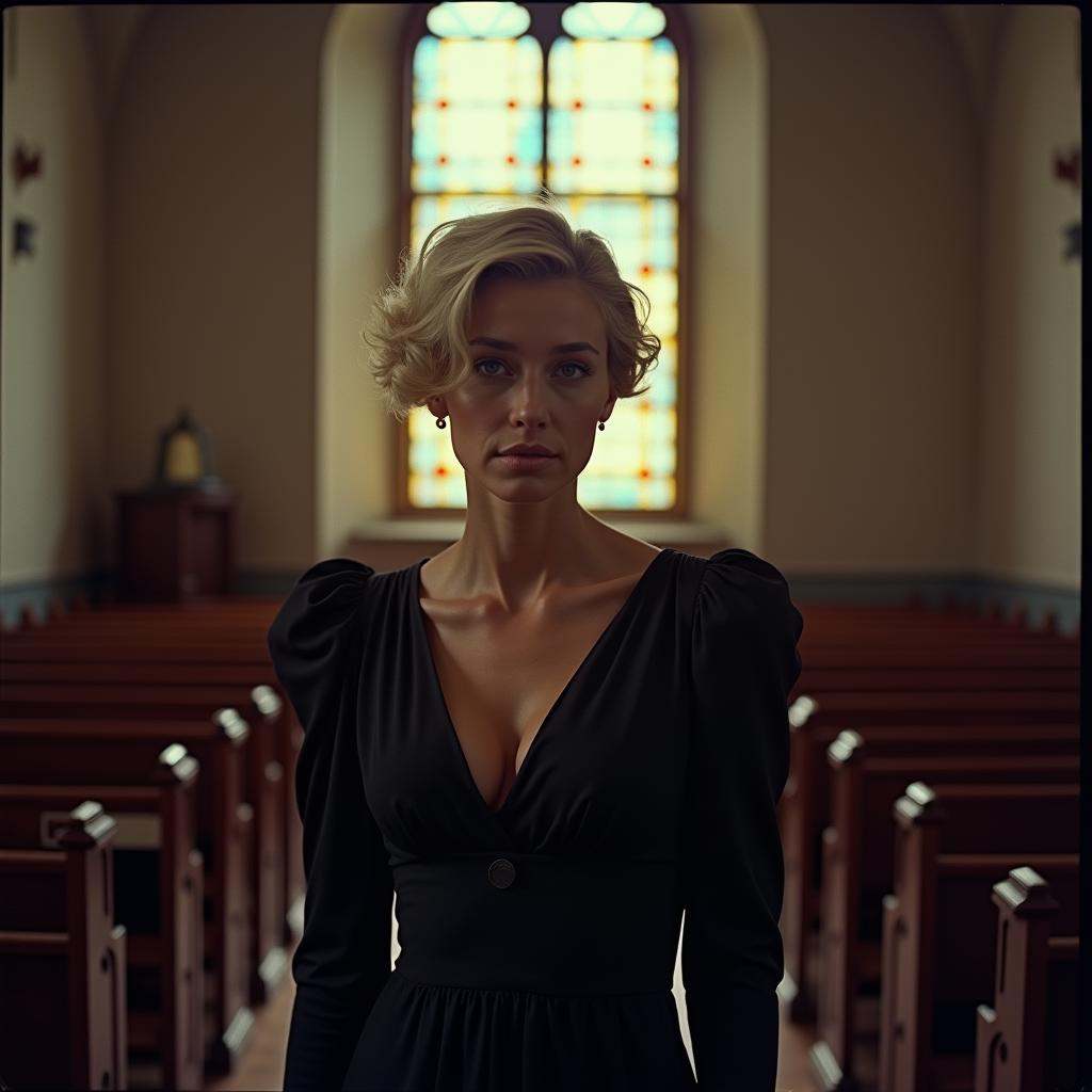 analog film photo of contrast:1In duke_herstal_photography_style a woman in black outfit standing in a church with a stain...