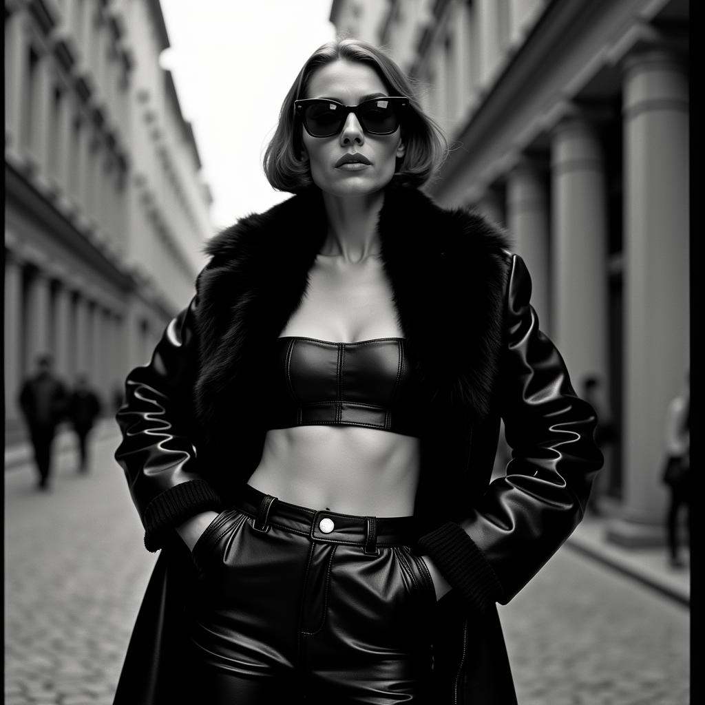 analog film photo of contrast:1In duke_herstal_photography_style a woman in a leather outfit and a fur coat,  sharp edges,...