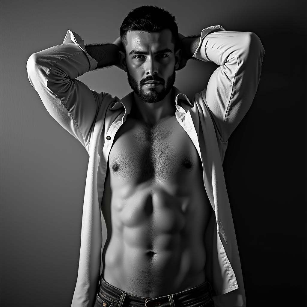 In duke_herstal_photography_style a man with a shirt on posing for a picture,  sharp edges,  sharp image on Tensor.Art