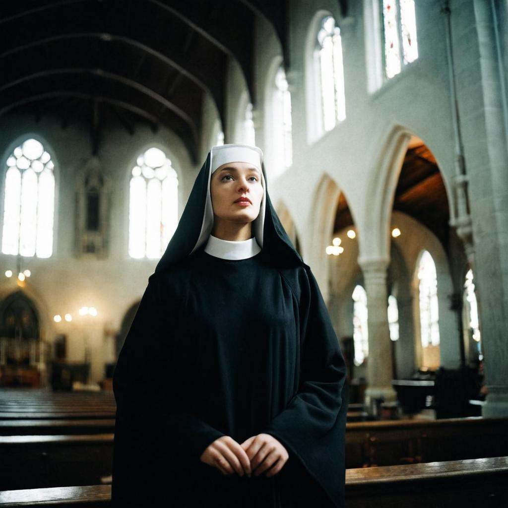 analog film photo of In duke_herstal_photography_style a woman in a black robe standing in a church,  sharp edges,  sharp...