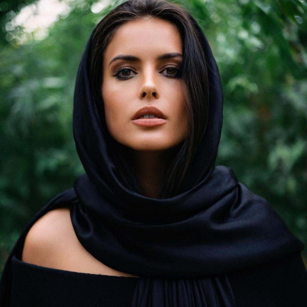 cinematic film still of In duke_herstal_photography_style a woman in a black dress and a black scarf,  sharp edges,  sharp...