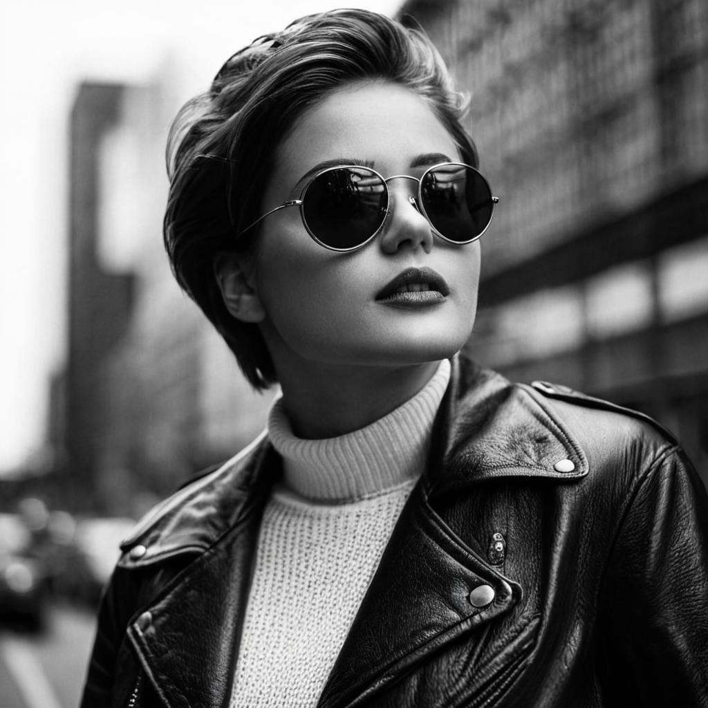 cinematic film still of In duke_herstal_photography_style a woman with glasses and a leather jacket,  sharp edges,  sharp...