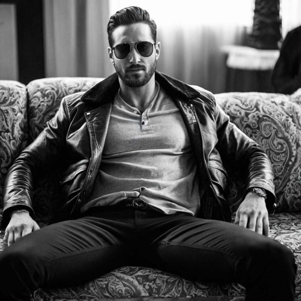 cinematic film still of Allen Henson In duke_herstal_photography_style a man sitting on a couch with a sunglasses on,  sha...