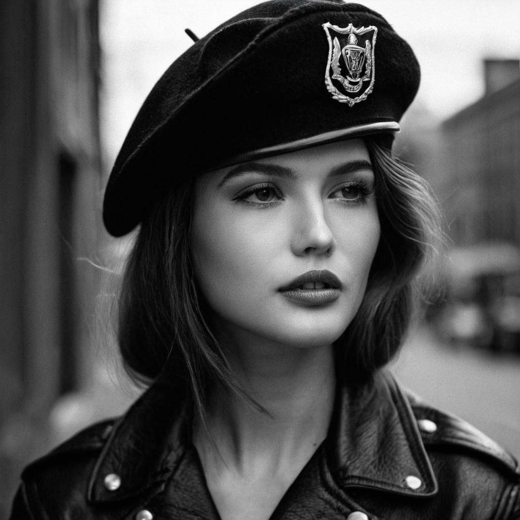 cinematic film still of In duke_herstal_photography_style a woman with a hat and leather jacket,  sharp edges,  sharp imag...