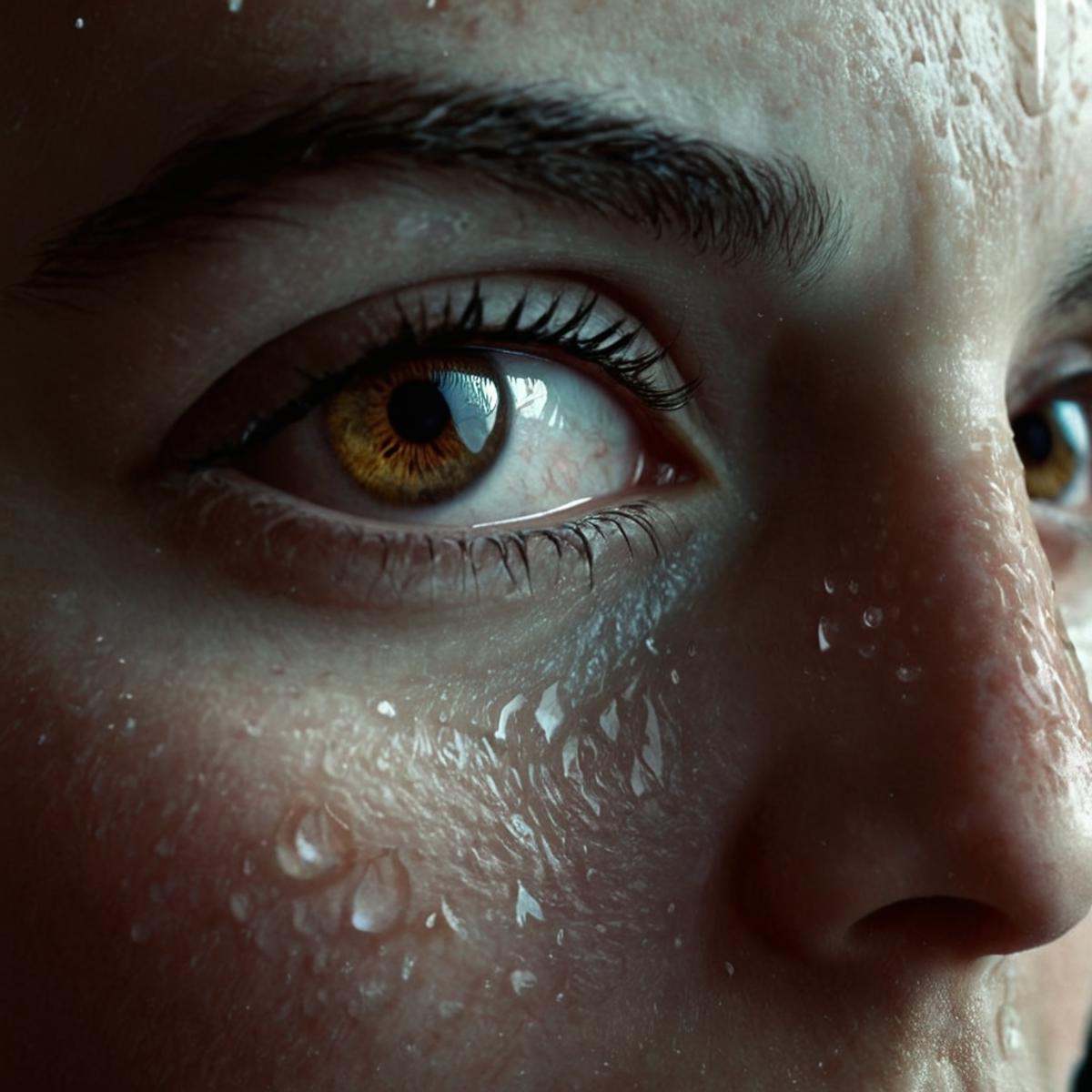 cinematic film still of 0 realism perfect Unreal Engine style Chiaroscuro Lighting Style teary crying facial expression of...