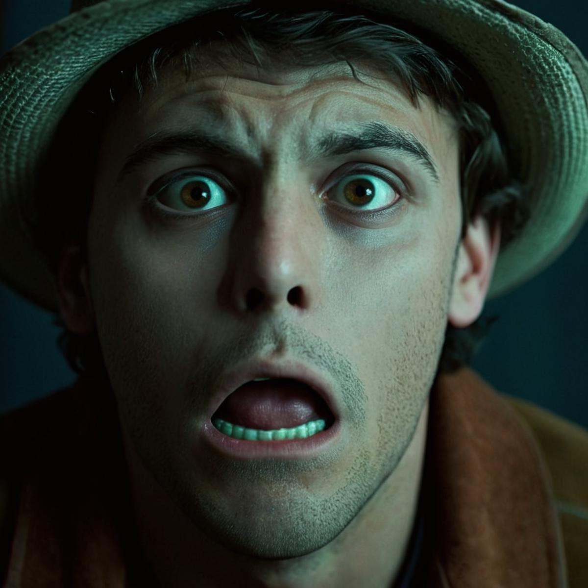 cinematic film still of 0 realism perfect Unreal Engine style Chiaroscuro Lighting Style fear facial expression of a surpr...