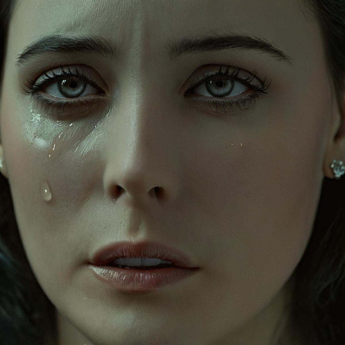 cinematic film still of 0 realism perfect Unreal Engine style Chiaroscuro Lighting Style teary crying facial expression of...