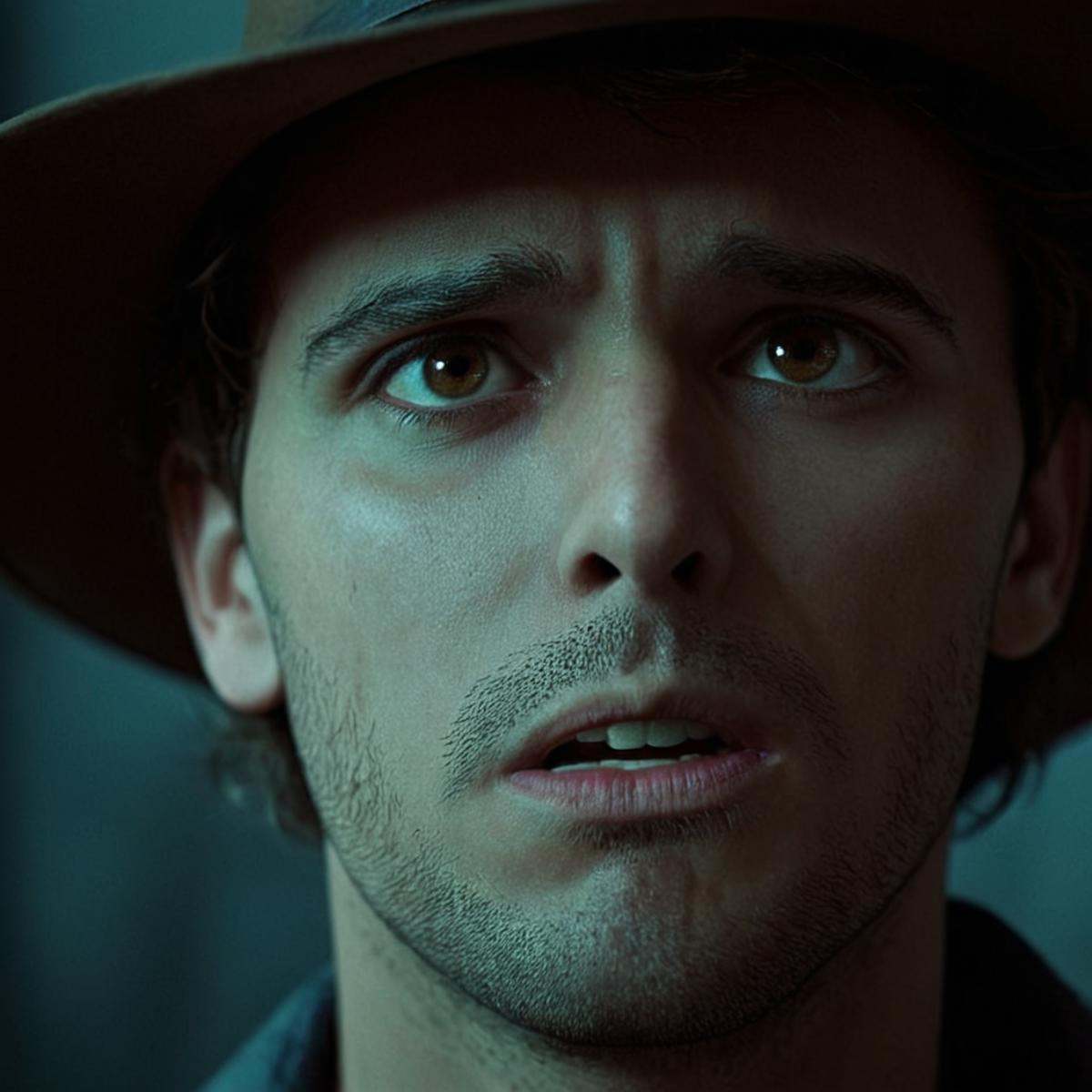 cinematic film still of 0 realism perfect Unreal Engine style Chiaroscuro Lighting Style fear facial expression of a man w...