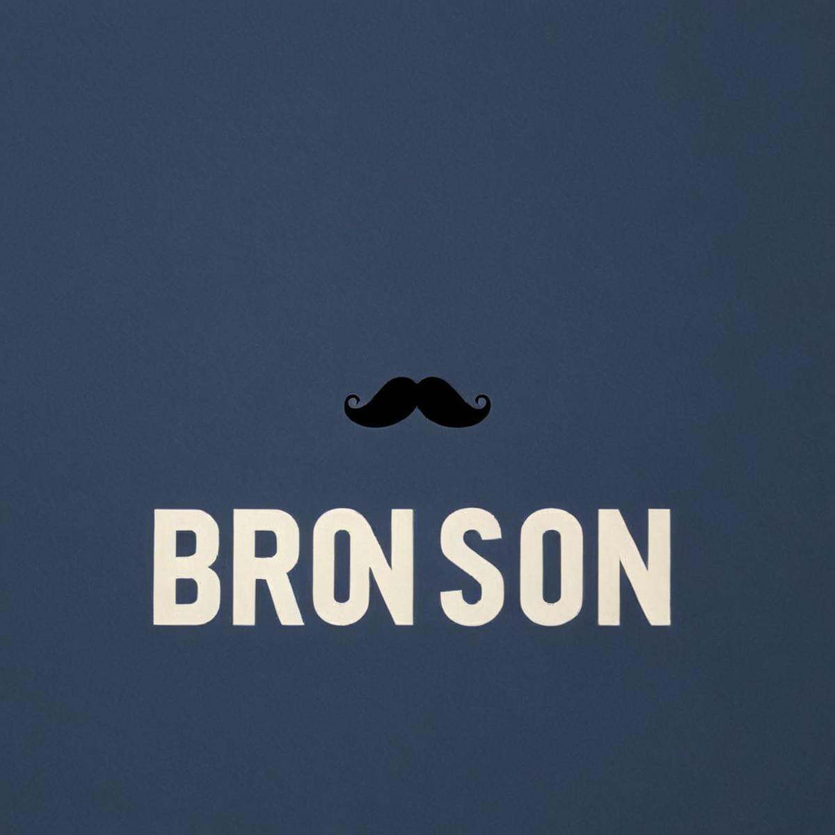 1 realism perfect Chiaroscuro Lighting Style text logo A perfect text title of the word "Bronson" on a man with a mustache...