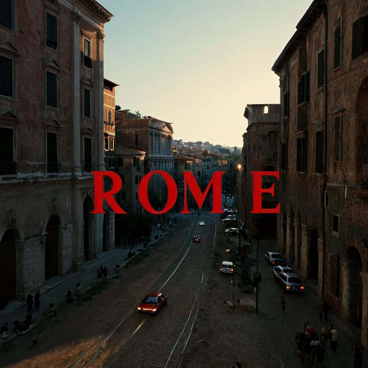 1 realism perfect Chiaroscuro Lighting Style text logo A perfect text title of a city with a red font over it says "ROME",...