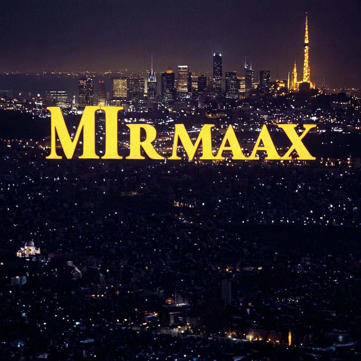 1 realism perfect Chiaroscuro Lighting Style A perfect text title of a city skyline with a large yellow text that reads mi...