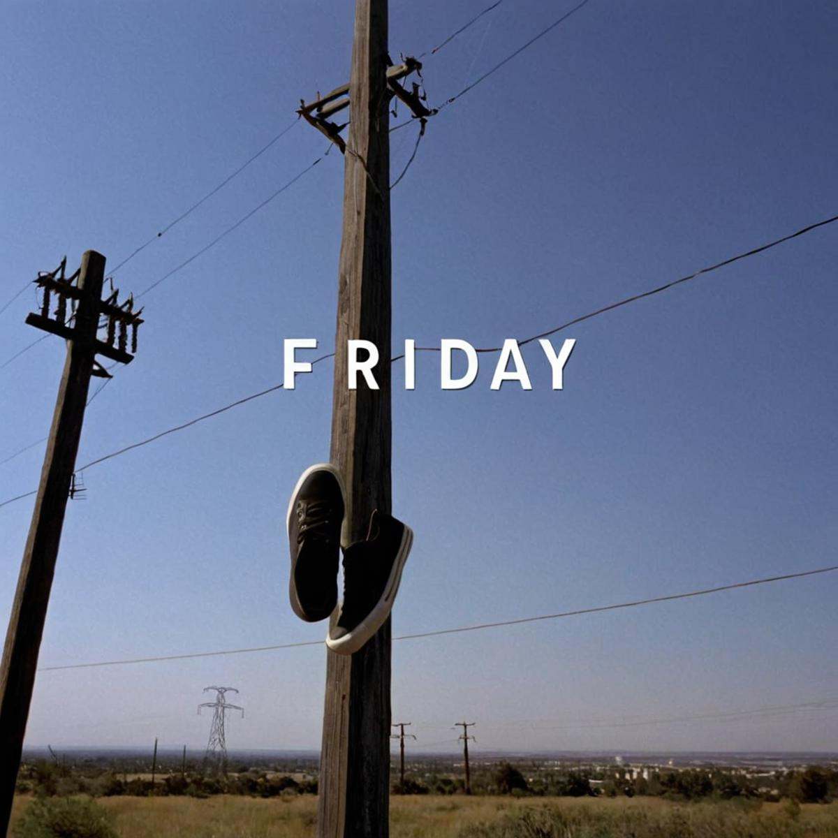 1 realism perfect Chiaroscuro Lighting Style A perfect text title of word "Friday" on top of a pair of shoes hanging from...