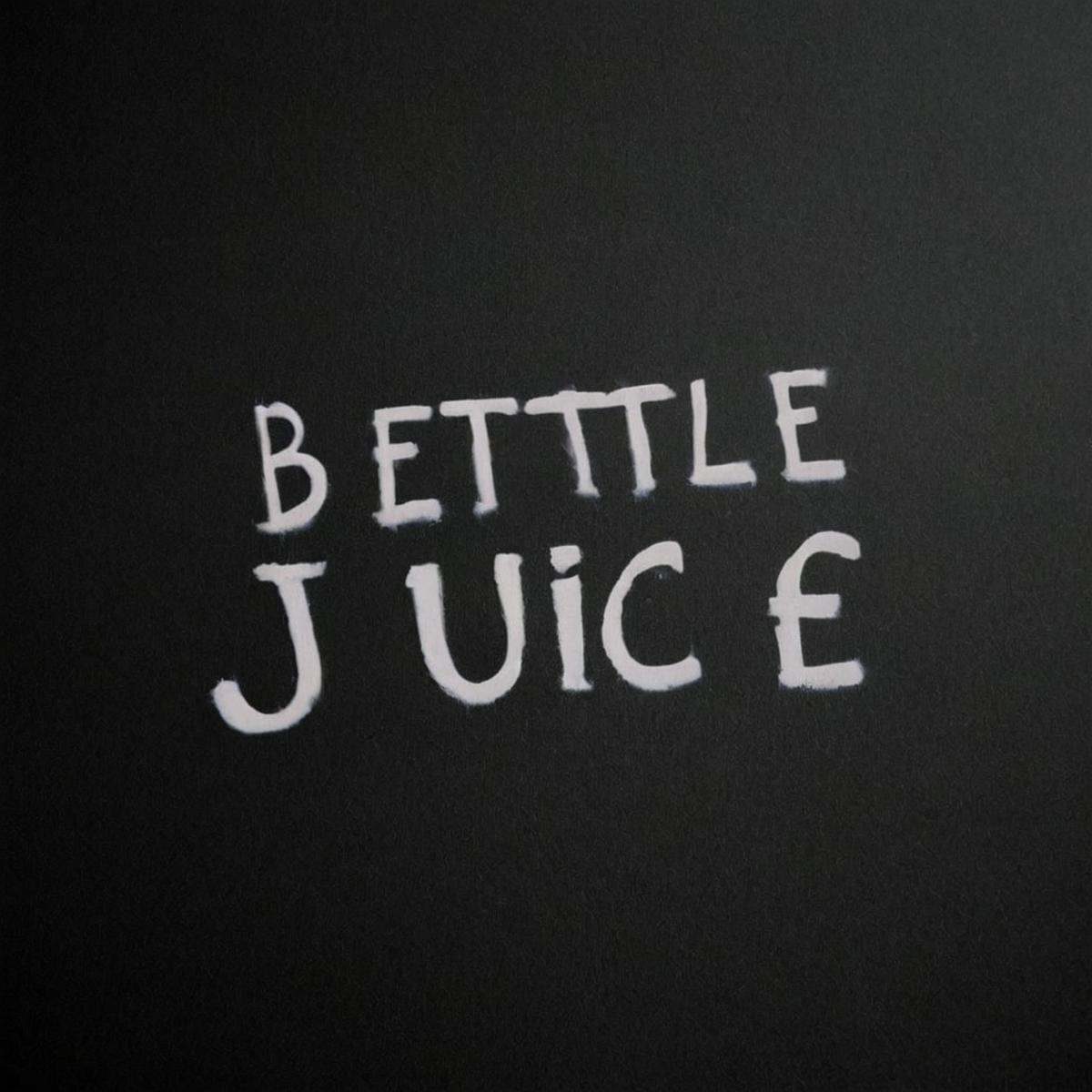 1 realism perfect Chiaroscuro Lighting Style A perfect text title of a sign that says "bettle juice" on it,  movie themed,...