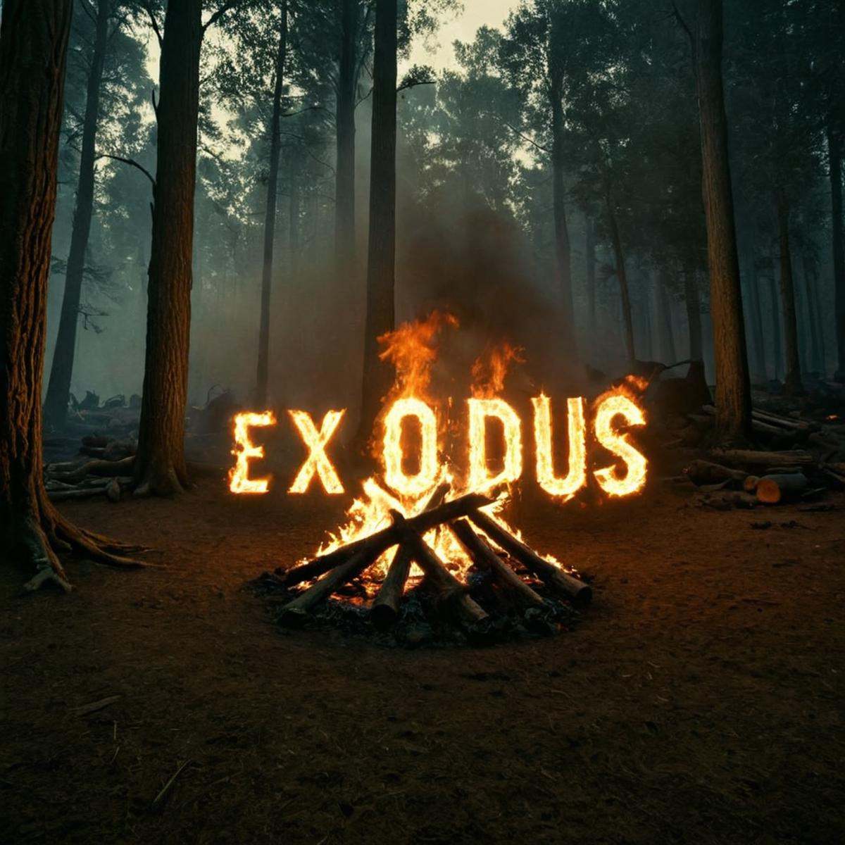 1 realism perfect Chiaroscuro Lighting Style text logo A perfect text title says "EX ODUS" in a forest with a fire in the...