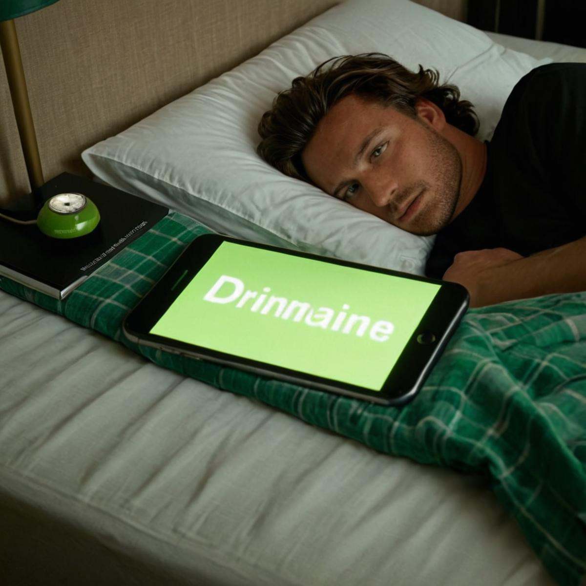 1 realism perfect Chiaroscuro Lighting Style A perfect text title of a man laying on a bed next to a green iphone,  movie...