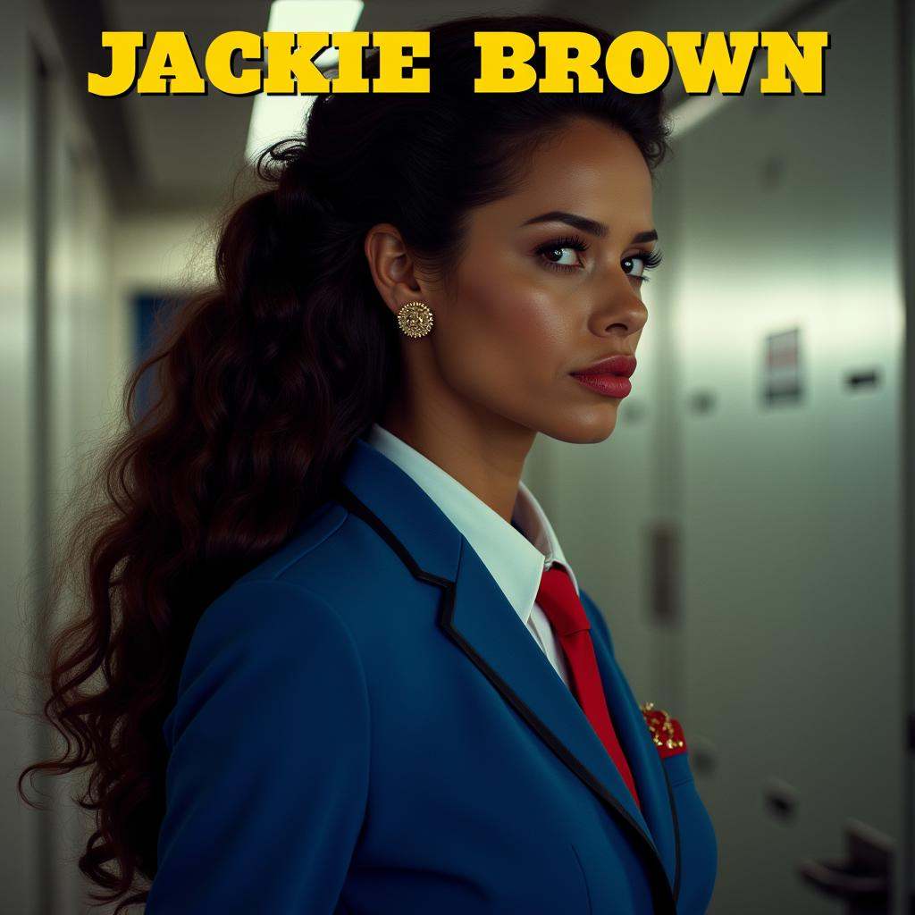 A perfect text title of an air hostess woman in a blue jacket and a red tie and yellow text title says,  Jackie Brown,  mo...