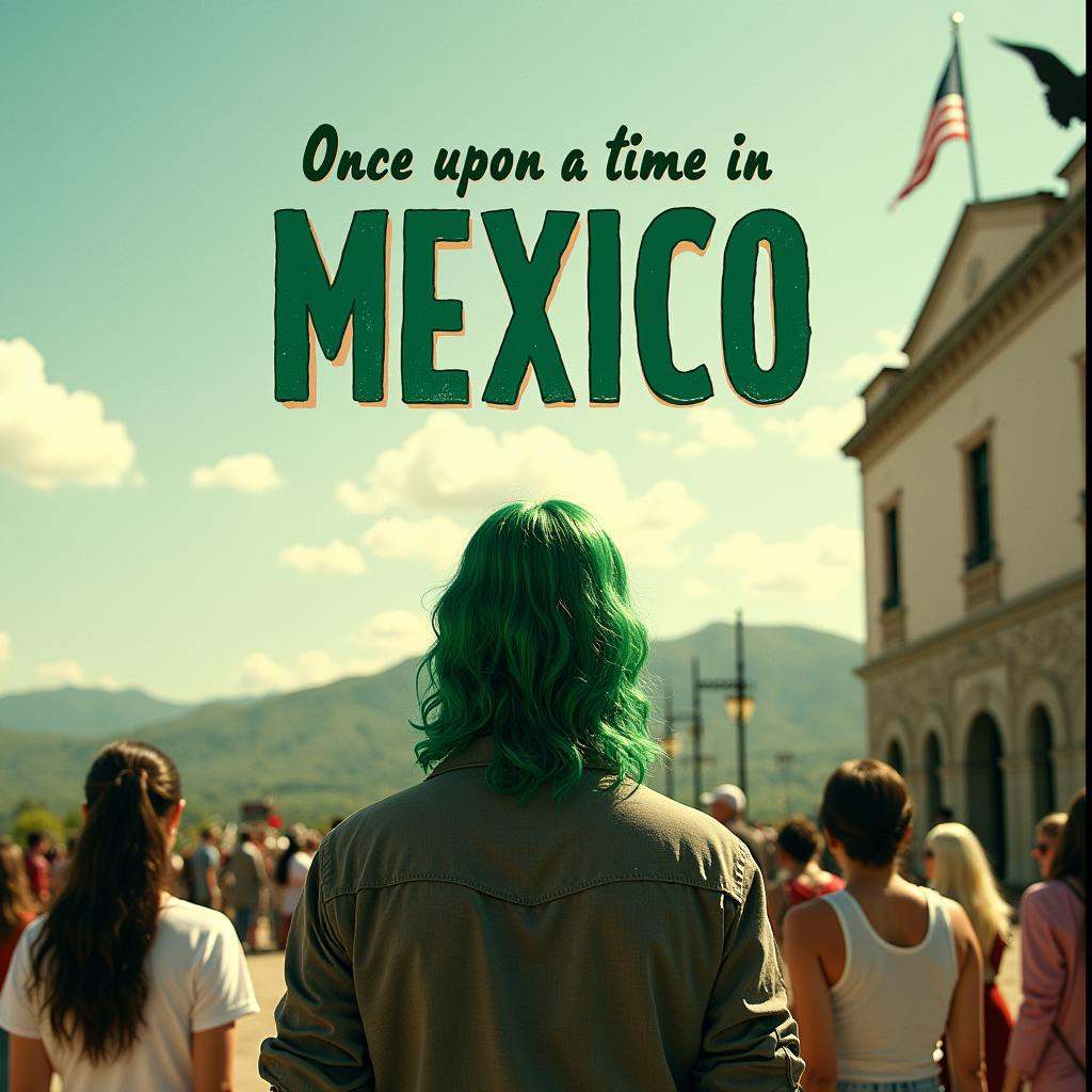 A perfect text title of word,  Once upon a time in mexico,  with a man is standing in front of a building on Tensor.Art