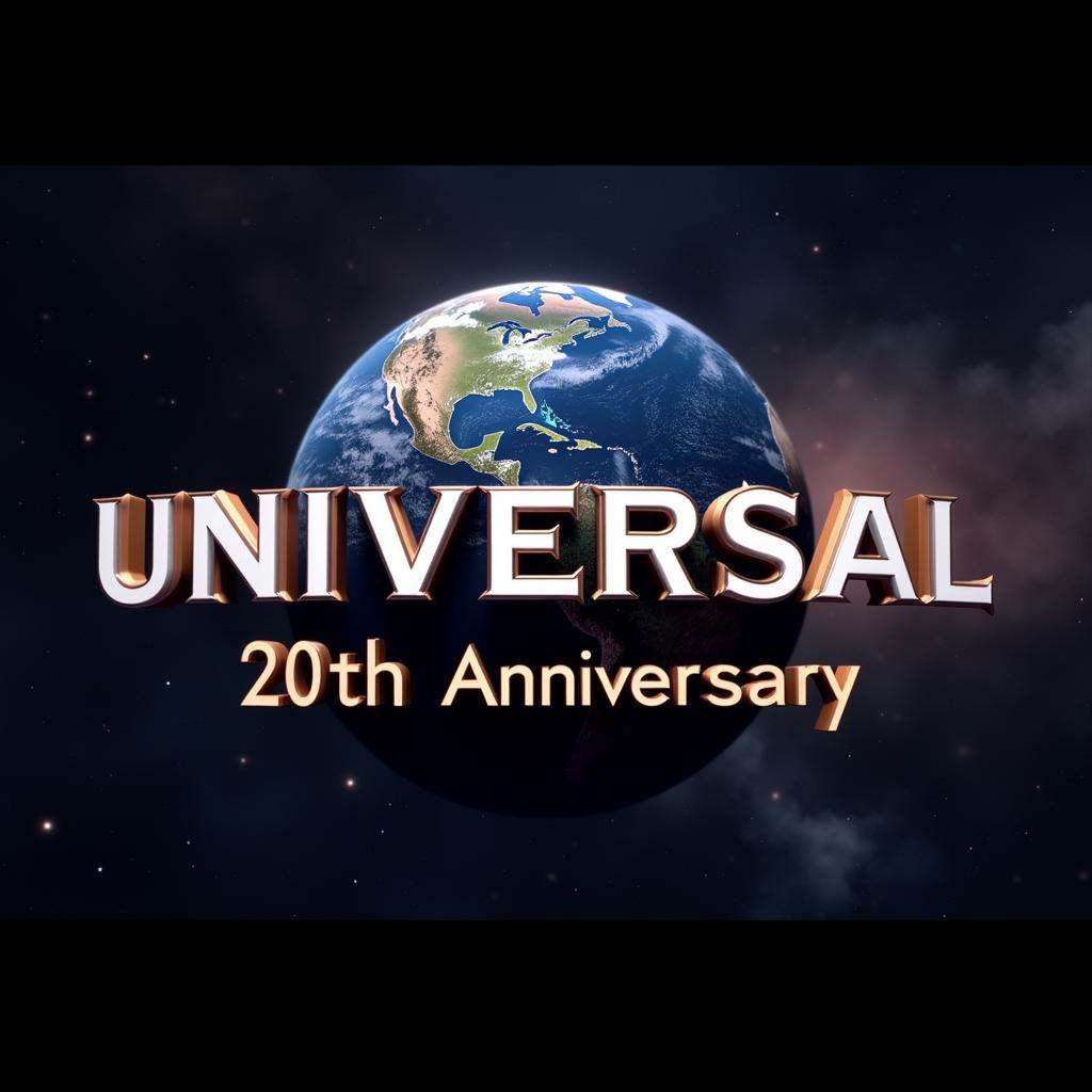 A perfect text title of a logo for universal 20th anniversary with a planet in the background,  movie themed,  sharp on Te...