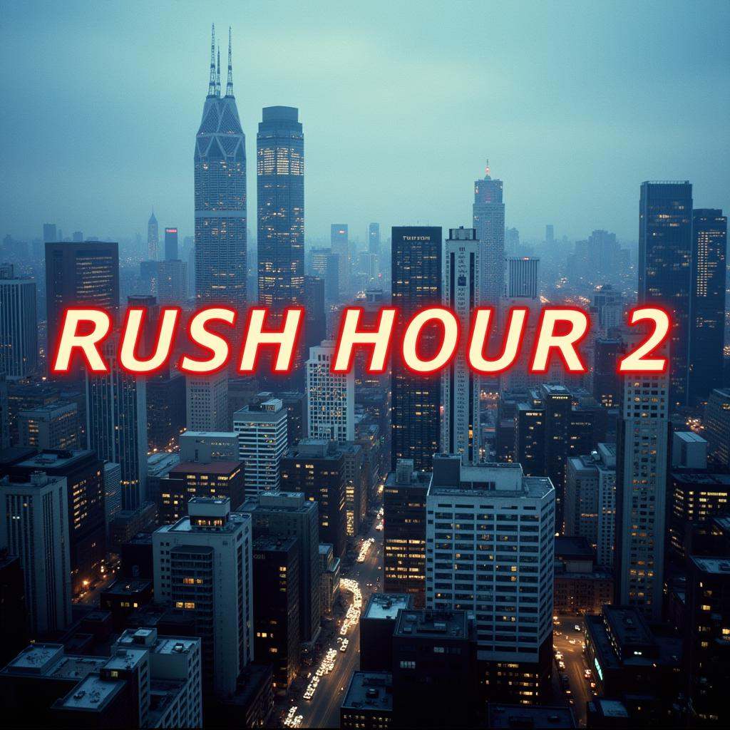 A perfect text title of word rush hour 2 in front of a city with a lot of tall buildings,  movie themed,  sharp on Tensor.Art