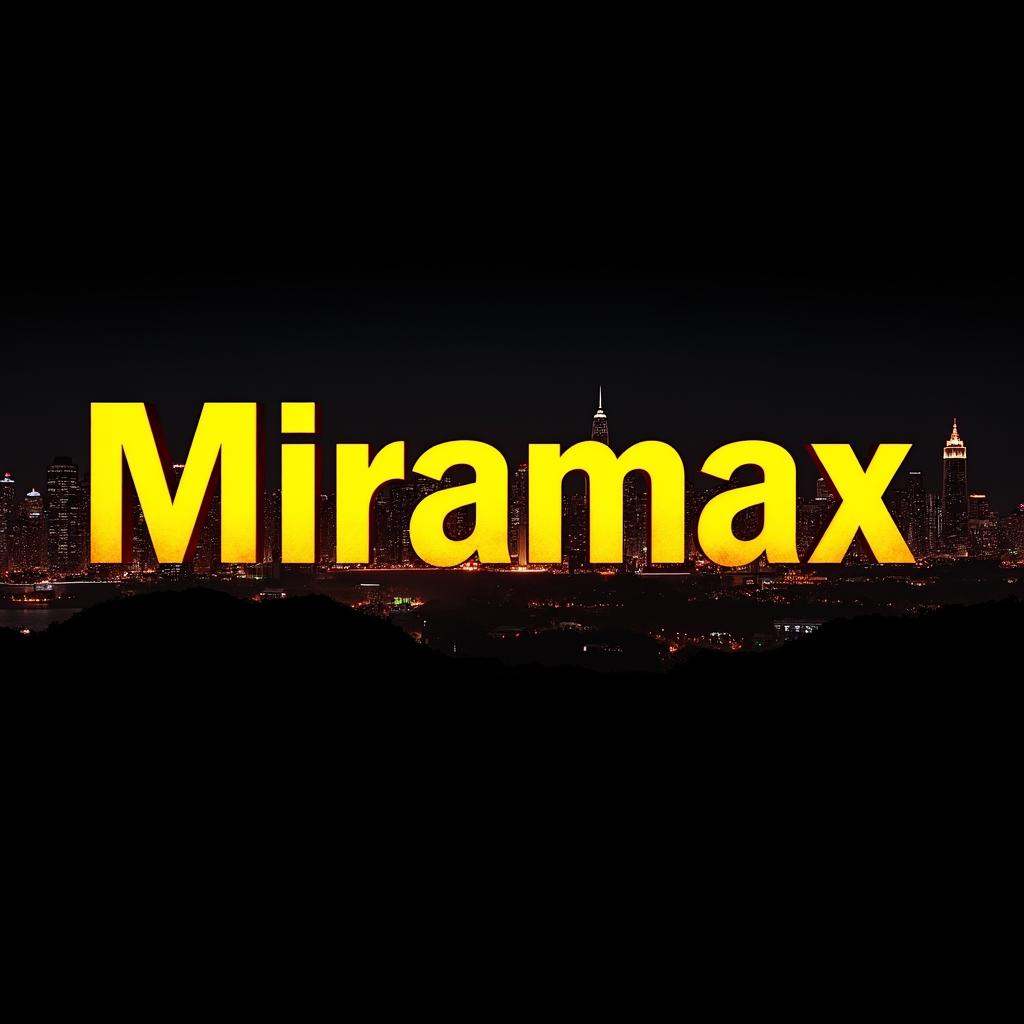 A perfect text title of a city skyline with a large yellow text that reads Miramax,  movie themed,  sharp on Tensor.Art