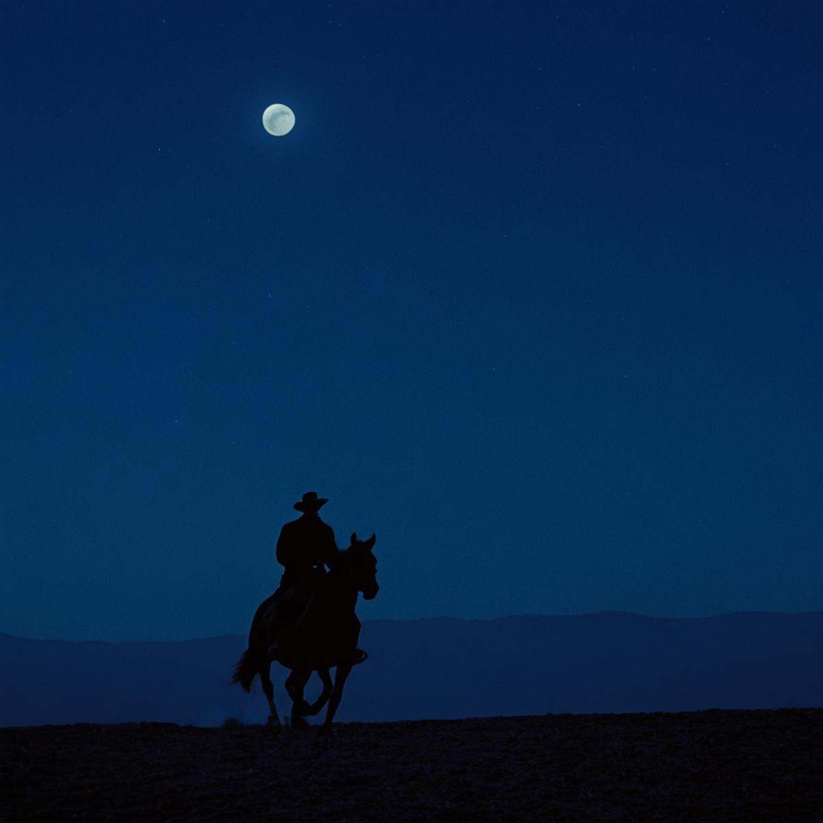 cinematic film still of In "Blue themed color",  a cinematic motion picture film of a man riding a horse in front of a ful...