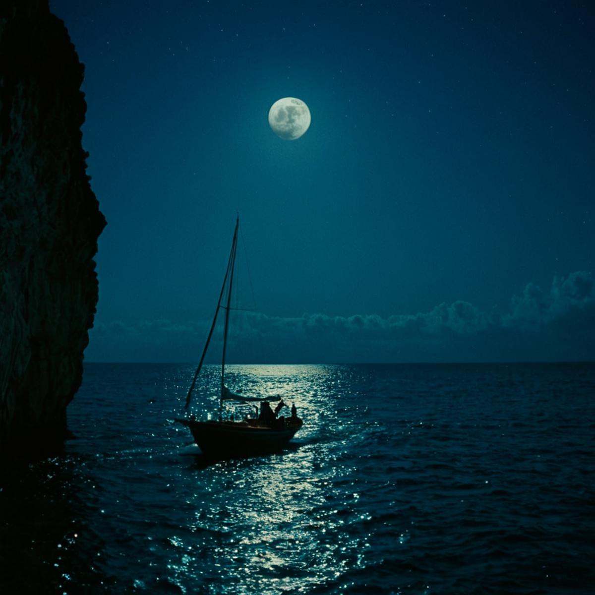 cinematic film still of In "Blue themed color",  a cinematic motion picture film of a boat is in the water near a cave mov...