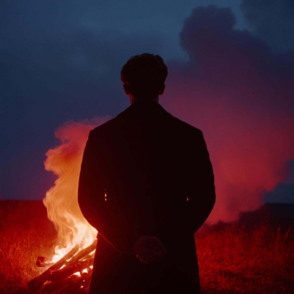 cinematic film still of In "Red themed color",  a cinematic motion picture film of a person standing in front of a fire wi...