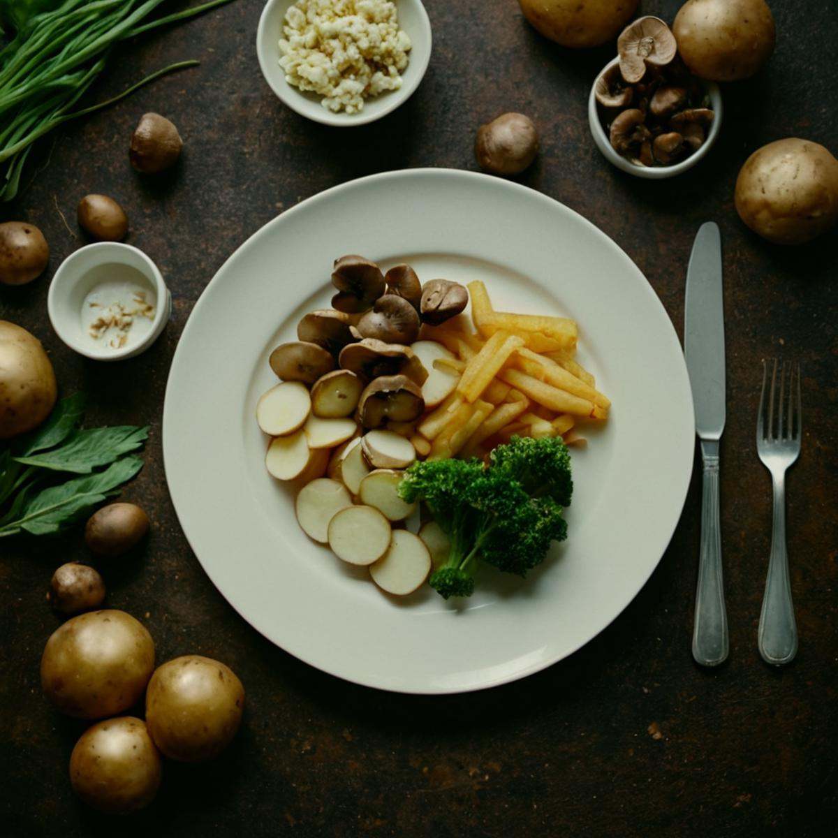 cinematic film still of In "Neutral themed White color",  a cinematic motion picture film of a plate of food with mushroom...