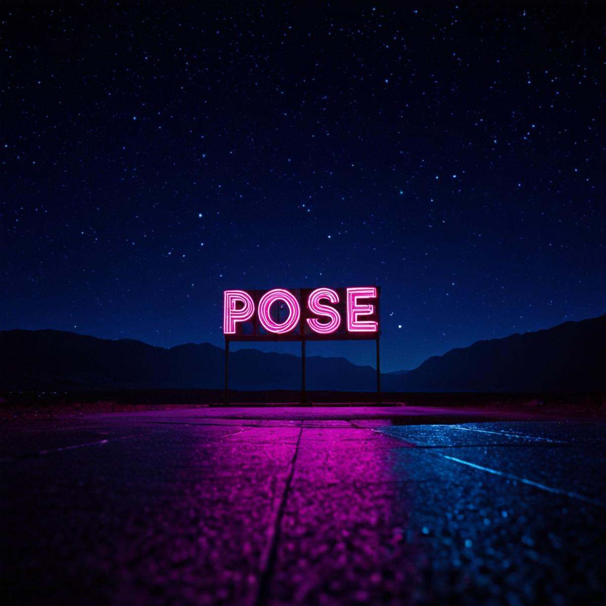 cinematic film still of In "Pink themed color",  a cinematic motion picture film of a neon sign that says pose in a dark r...