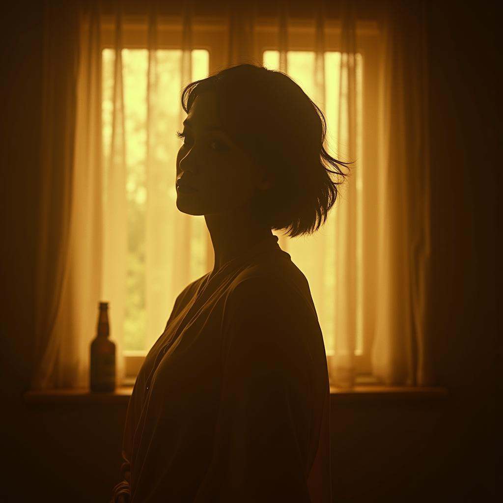 cinematic film still high contrast:1,  In "Sepia themed color",  a cinematic motion picture film of a woman standing in fr...