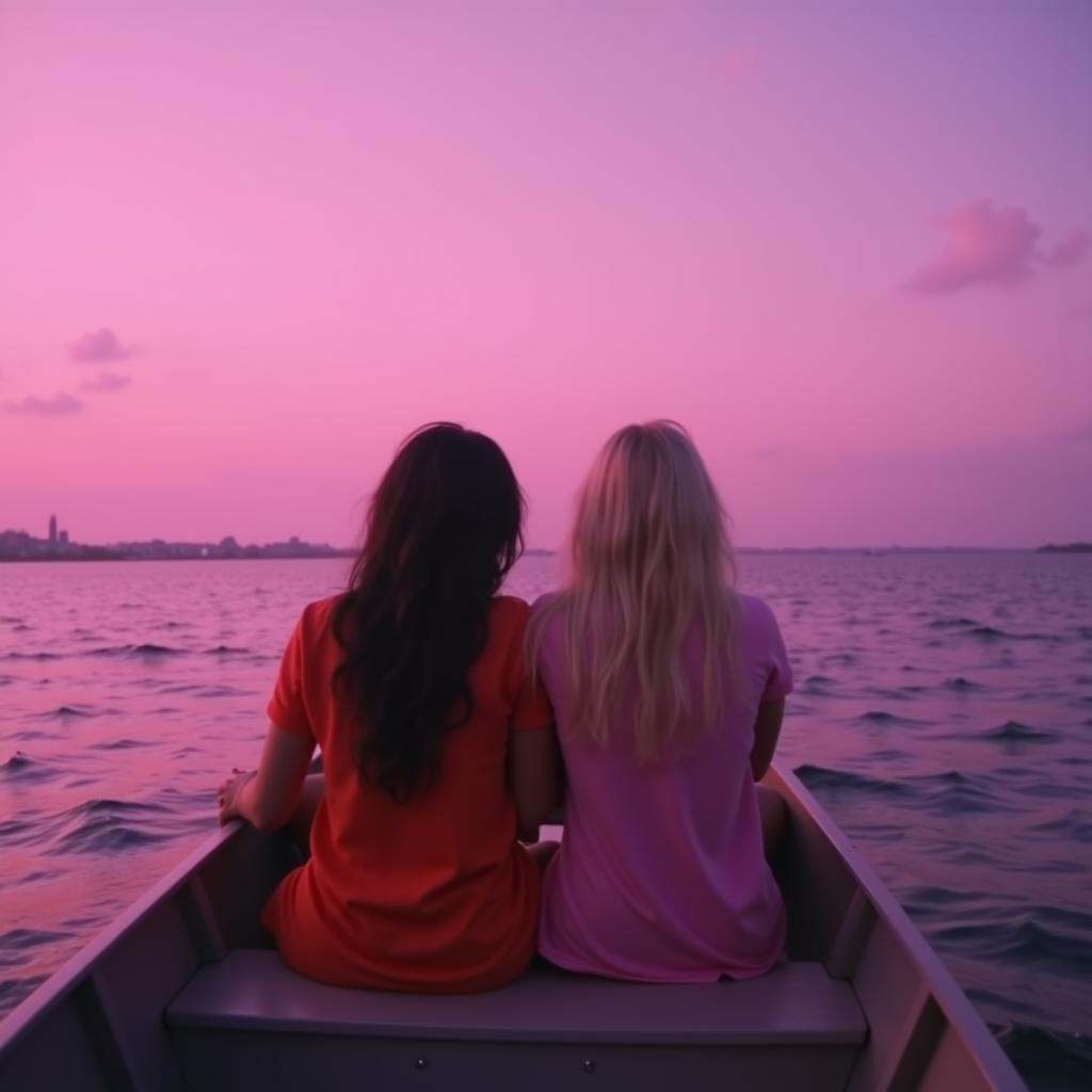 cinematic film still high contrast:1,  In "Pink themed color",  a cinematic motion picture film of a couple of people on a...