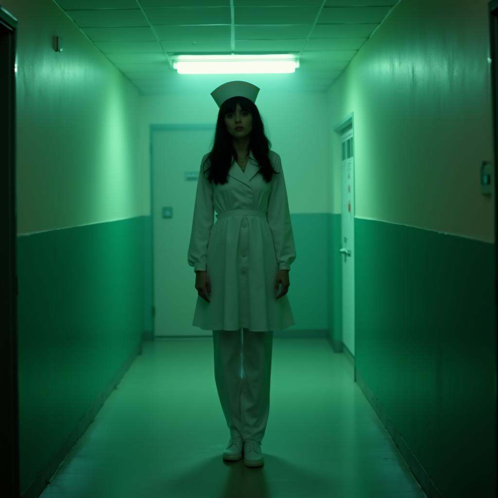 cinematic film still high contrast:1,  In "Green themed color",  a cinematic motion picture film of a woman in a white dre...